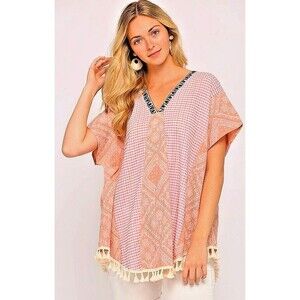 New GIGIO  L 12 14 16  Dusty Apricot Gingham Bandana Oversized Caftan Tunic Top